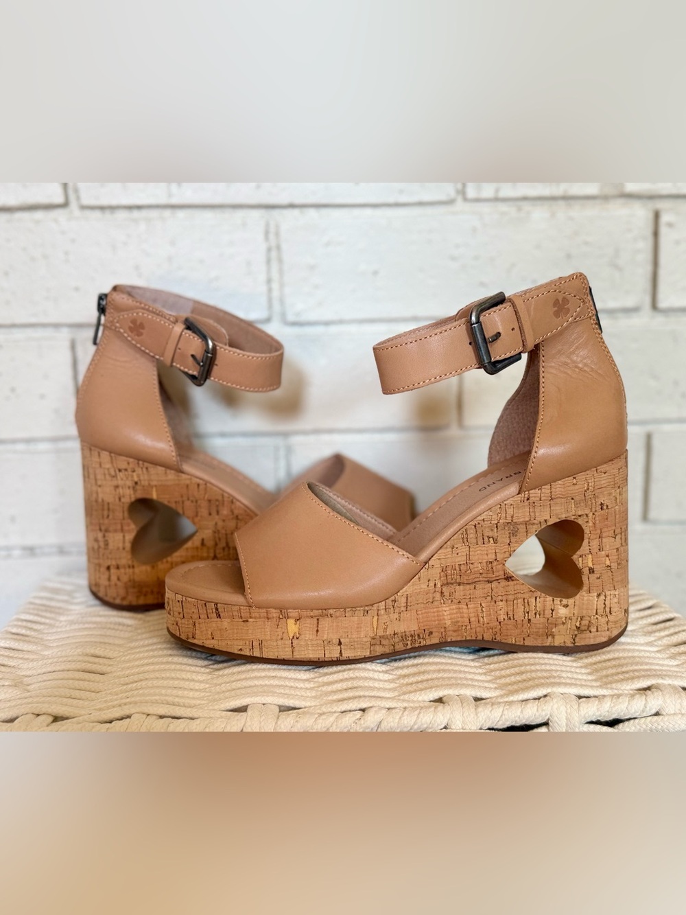 Lucky Brand Tan Cork Heart-Cut Wedge Sandals